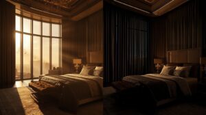 Bedroom in Dubai showing difference between open window sunlight and blackout curtains fully closed