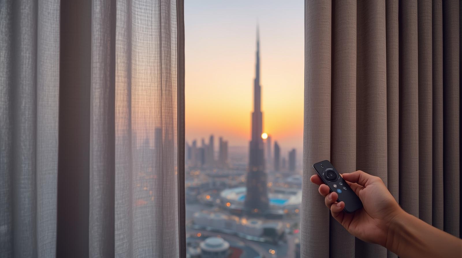 Close-up of premium motorized curtains with a remote and Dubai skyline in background for pricing section.