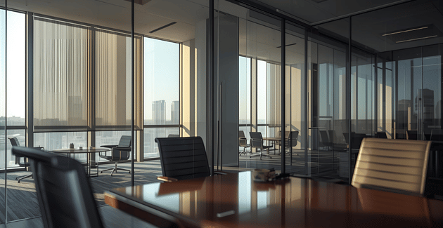 Modern Business Bay office with motorized curtains in a glass-walled meeting room.