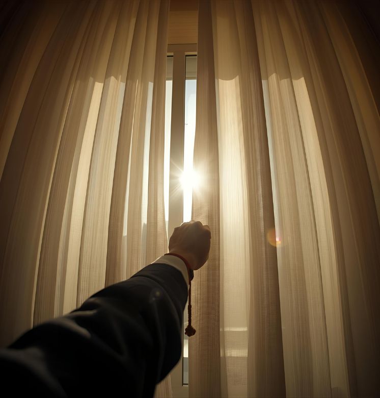 Person pulling manual curtains with cords while bright Dubai sunlight enters a room.