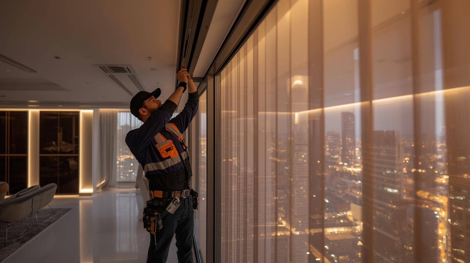  Technician installing a motorized curtain track on a large window in a modern Dubai villa or apartment; tools neatly arranged.