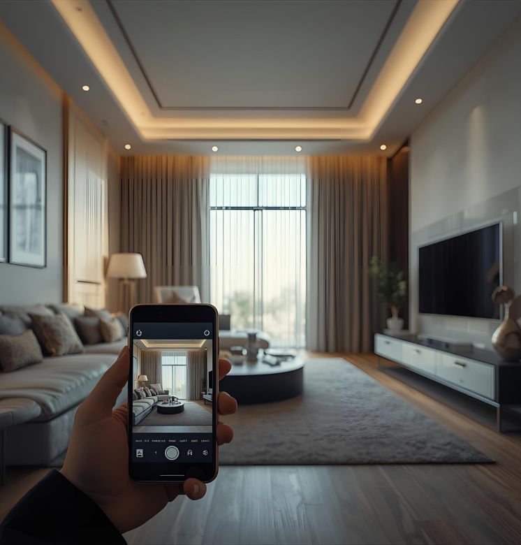 Motorized floor-to-ceiling curtains operating via smartphone in a modern Dubai living room.