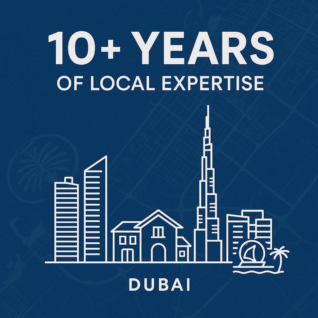 Best Curtain in Dubai 20 10+ years of local expertise in Dubai – skyline illustration with Burj Khalifa, Palm Jumeirah, and city buildings