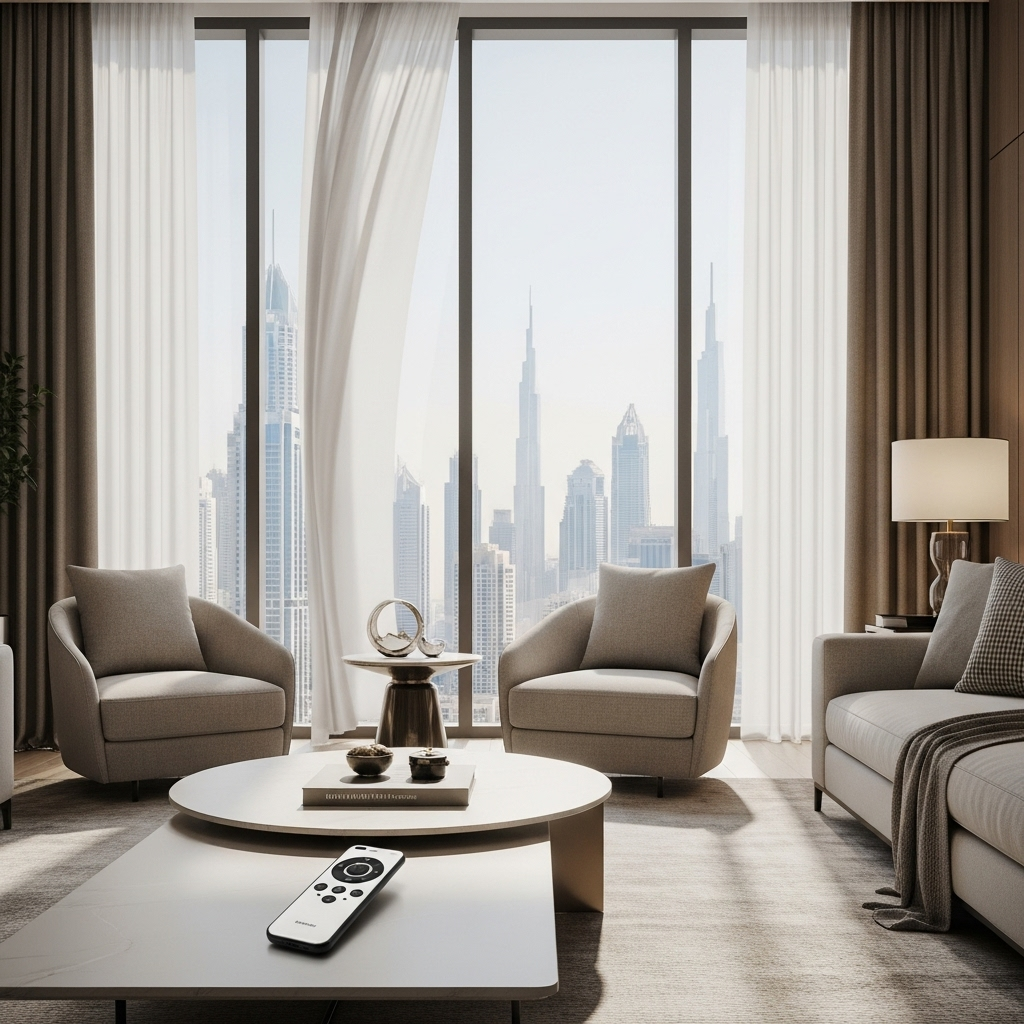 Motorized floor-to-ceiling curtains in a modern Dubai living room controlled via smartphone.