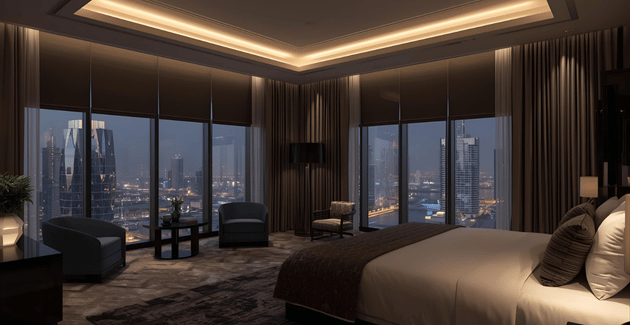 Luxury hotel suite in Dubai with motorized blackout curtains and ambient lighting.