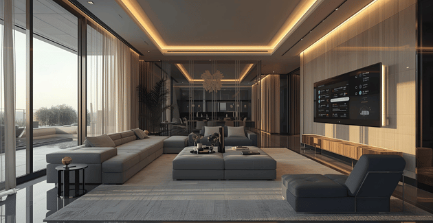 Smart home dashboard controlling motorized curtains in a high-tech Dubai villa.