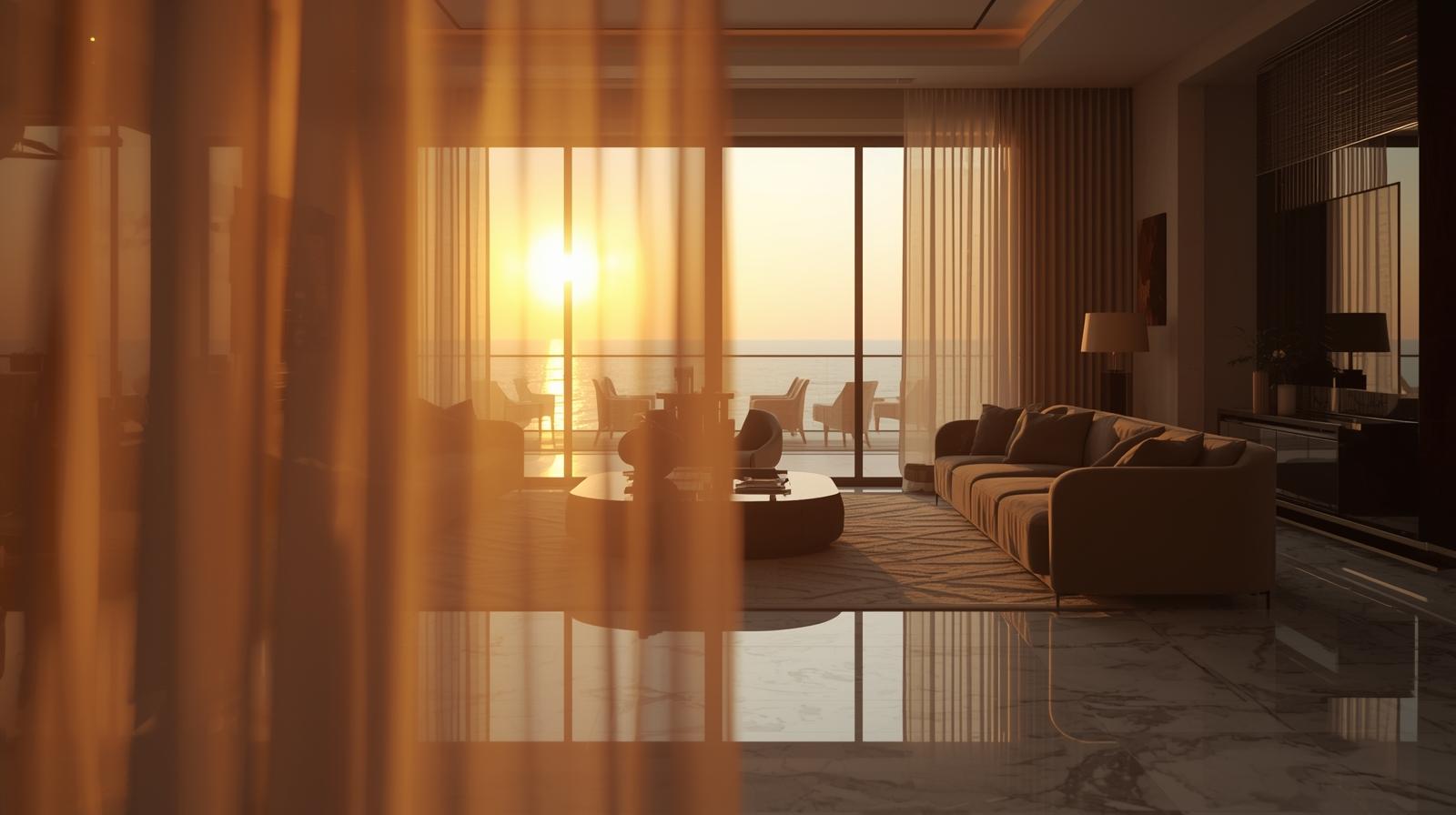 Palm Jumeirah living room with floor-to-ceiling curtains, warm light, and sea view