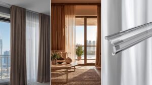 Comparison of curtain rod materials – sleek metal, warm wood, and elegant acrylic – in Dubai-inspired interiors
