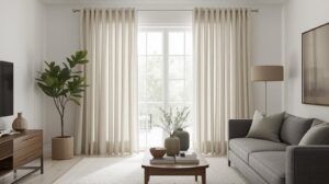 Modern living room with neutral-toned eyelet curtains on a sleek curtain rod