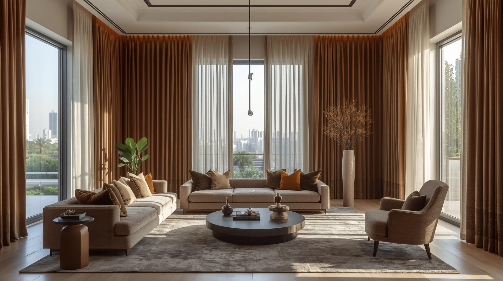 Modern Dubai living room with luxury curtains