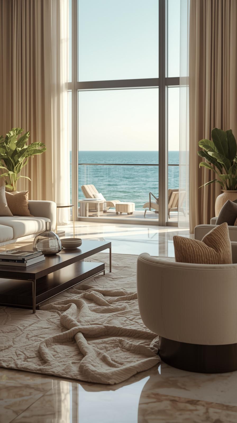 Palm Jumeirah living room with motorized curtains, tall windows and balcony sea view