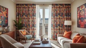 Living room with bold patterned curtains serving as a focal point and adding personality