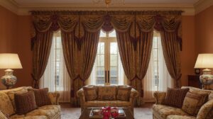 Elegant living room with traditional drapes featuring valance and tiebacks in luxurious fabrics