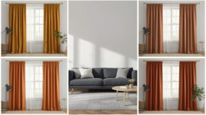 Dark gray sofa living room styled with warm-toned curtains including mustard, burnt orange, and terracotta for a cozy and inviting atmosphere