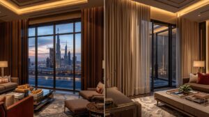 Wooden curtains vs fabric curtains in a modern Dubai living room interior with skyline view.