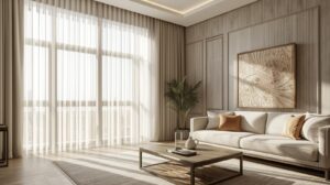 Stylish living room curtains in Dubai home controlling sunlight and providing privacy
