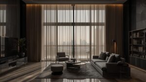 Premium curtains in a modern Dubai living room with large windows