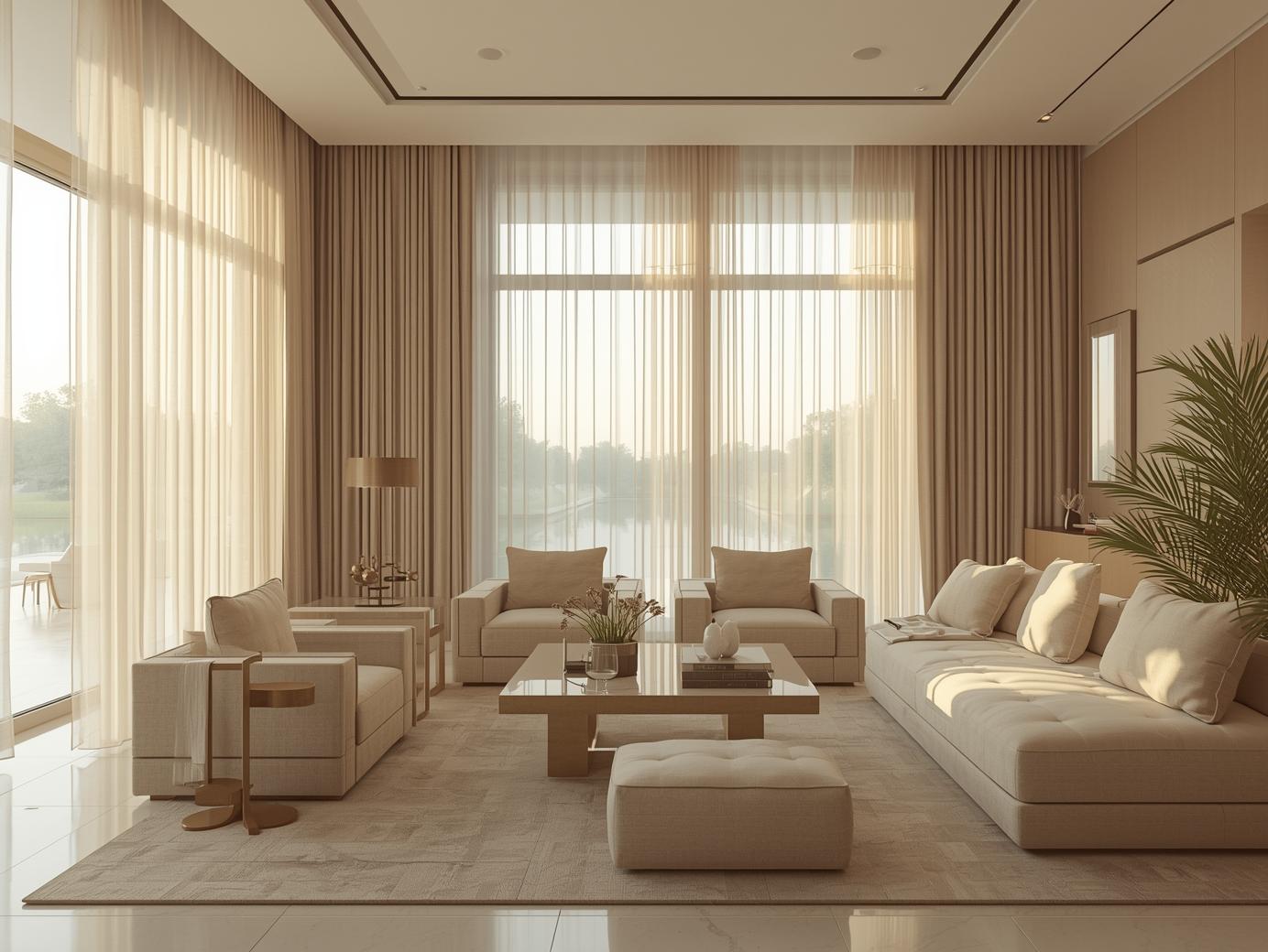 Bright Tilal Al Ghaf living room with layered sheer curtains