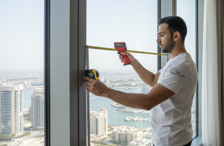 Curtain specialist measuring tall windows inside a Dubai Marina apartment