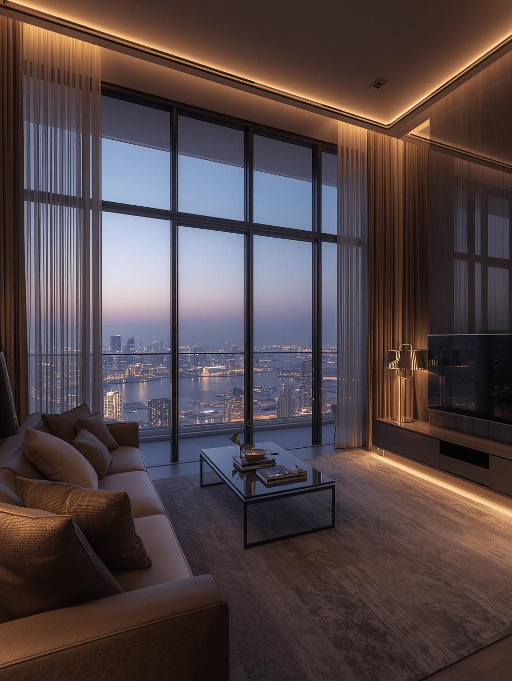 Dubai Marina living room with ceiling-mounted curtains on full glass front
