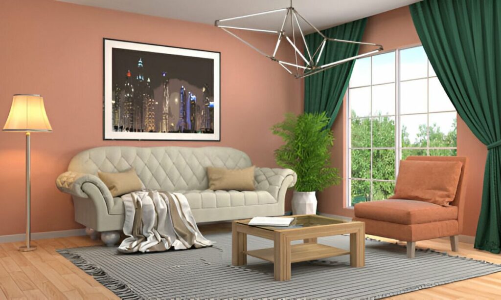 Living Room Curtains Ideas for Brown Furniture in Dubai