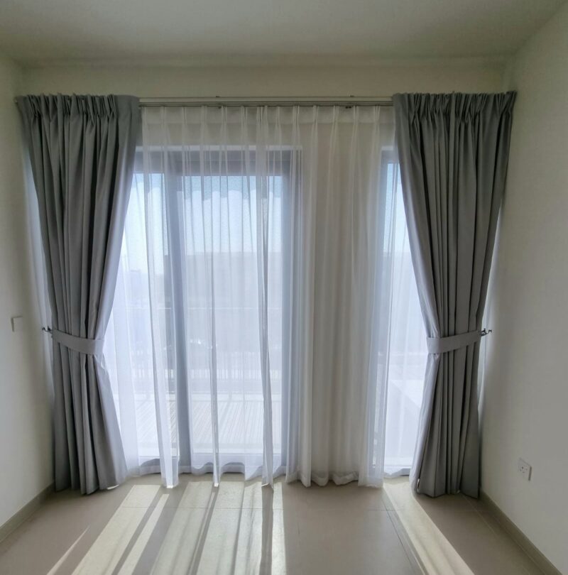 Custom grey curtains with white sheer panels in Al Barsha Dubai