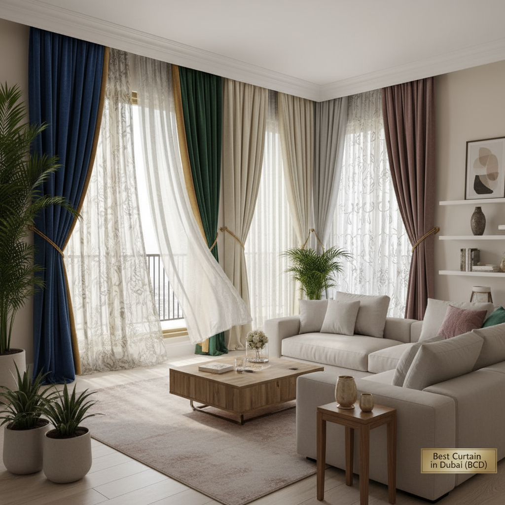 Affordable luxury living room curtains in Dubai with multiple designs and colors from Best Curtain in Dubai (BCD)