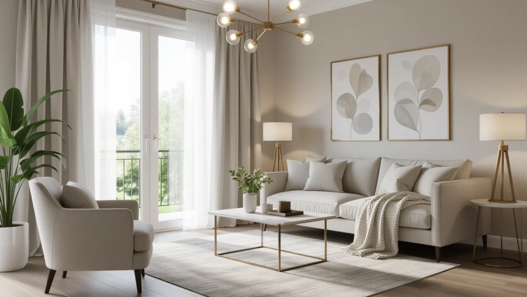 Modern Dubai living room with floor-to-ceiling windows and layered curtain panels providing sun protection, privacy, and style in the UAE.