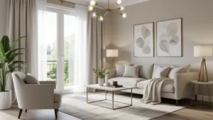 Modern Dubai living room with floor-to-ceiling windows and layered curtain panels providing sun protection, privacy, and style in the UAE.