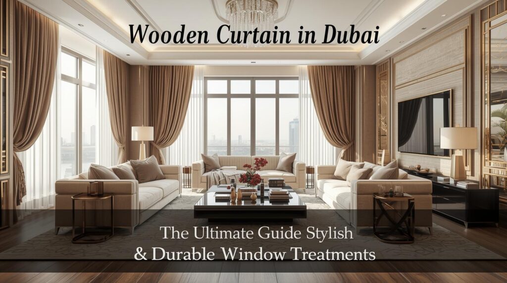 Luxury Dubai living room with stylish wooden curtains, modern design, and text overlay “Wooden Curtain in Dubai: The Ultimate Guide to Stylish & Durable Window Treatments