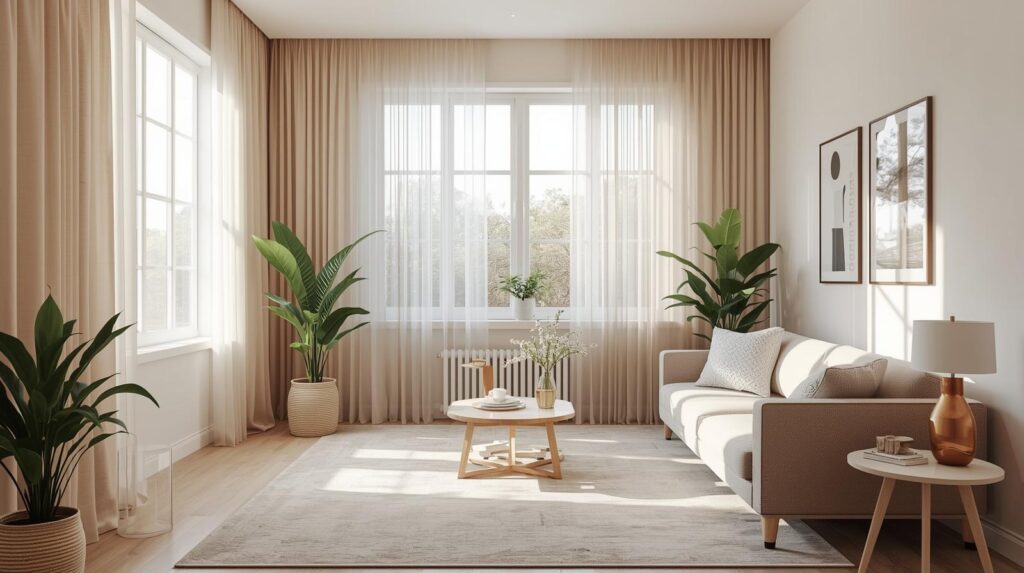 A bright, cozy small living room with modern curtains that make the space feel larger and more elegant.